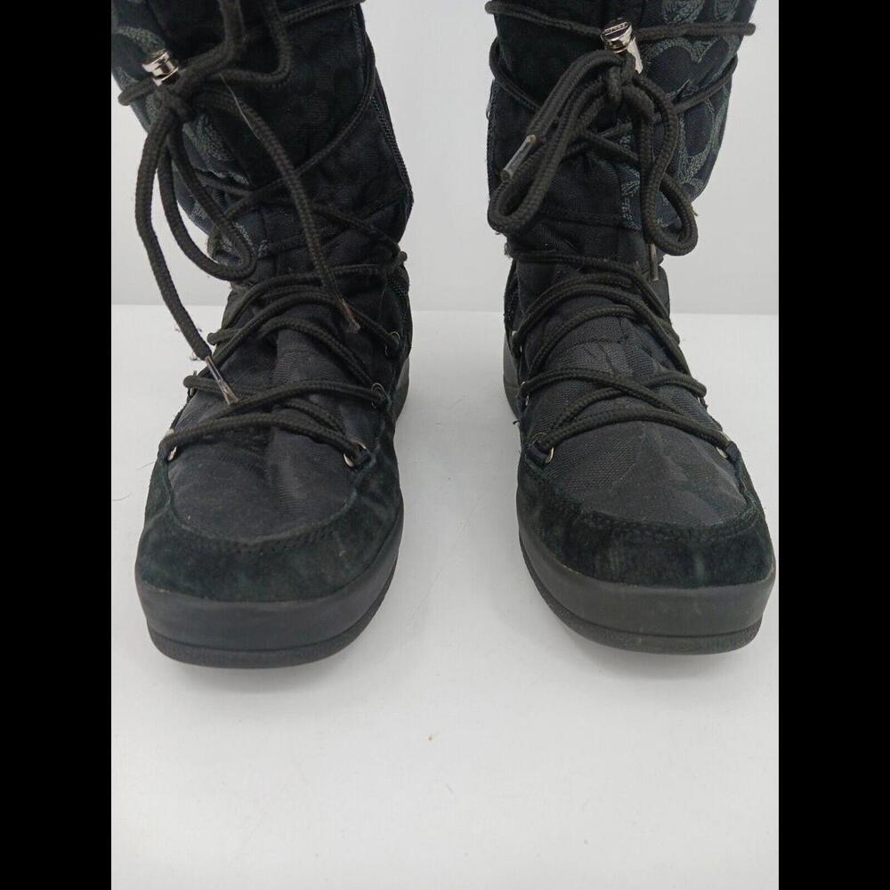 Coach Women Boot 8 Black Snow Boot Lacing Fur Trim Logo Stacked Heel Low - Picture 3 of 11